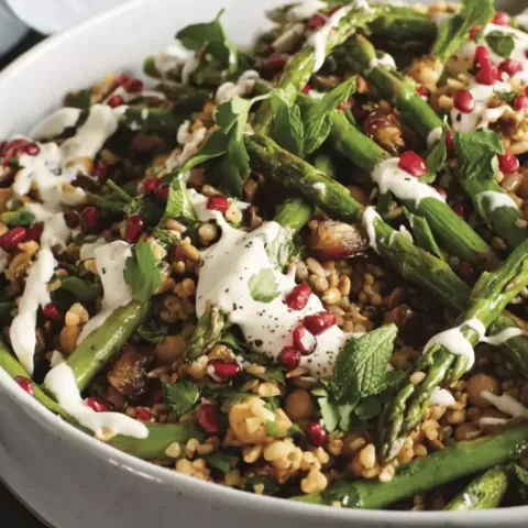 Photograph of food in a bowl with asparagus 