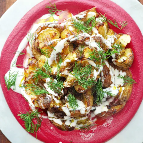 Smashed Potatoes On Beetroot Beans