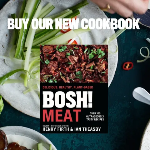 BOSH! MEAT Cookbook floating over plates of food with the text BUY OUR NEW COOKBOOK superimposed