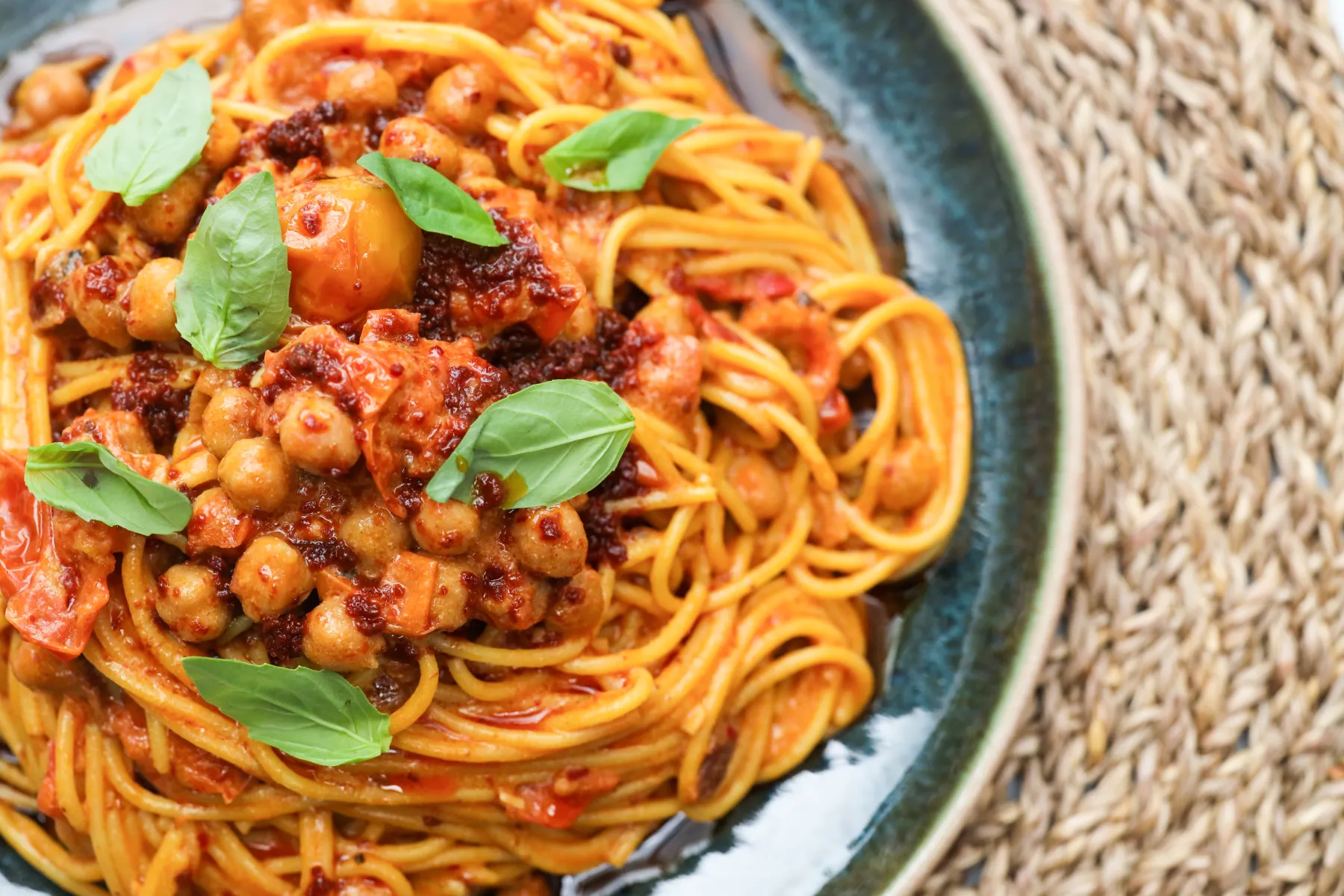 Roast Harissa Tomato And Chickpea Spaghetti