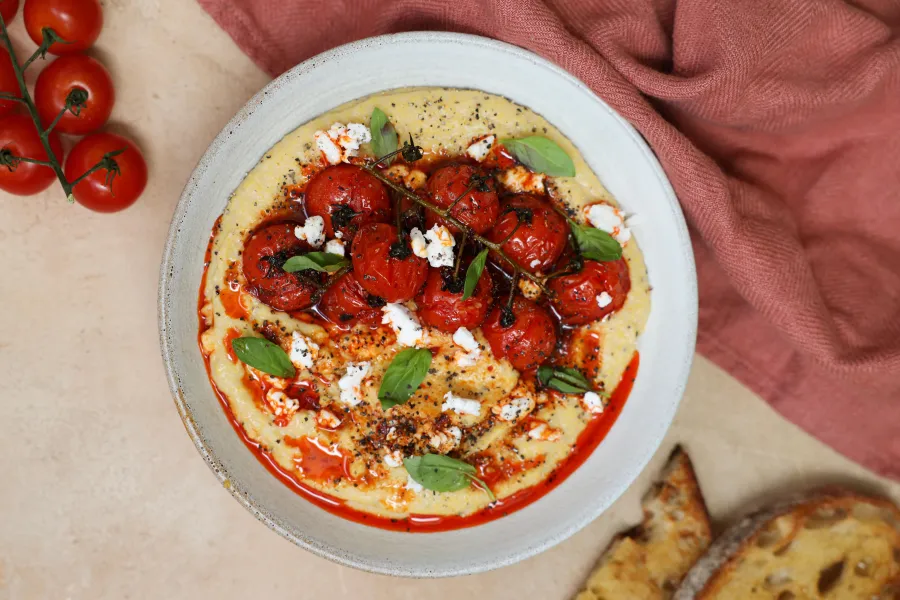 Vegan Silky Feta Polenta with Roasted Harissa Cherry Tomatoes BOSHTV