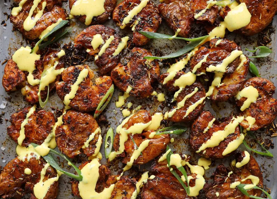 Vegan Smashed New Potatoes with Turmeric Mayo Bosh TV